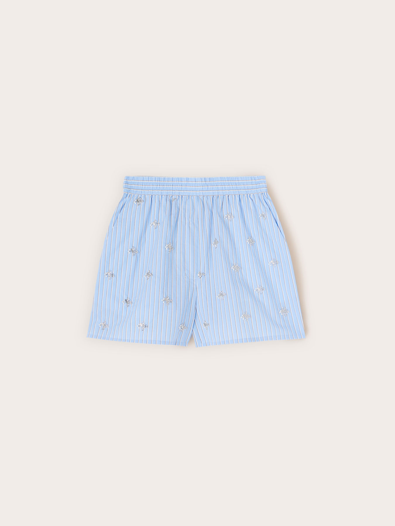 Shorts in popeline a righe con ricami gioiello image number 4