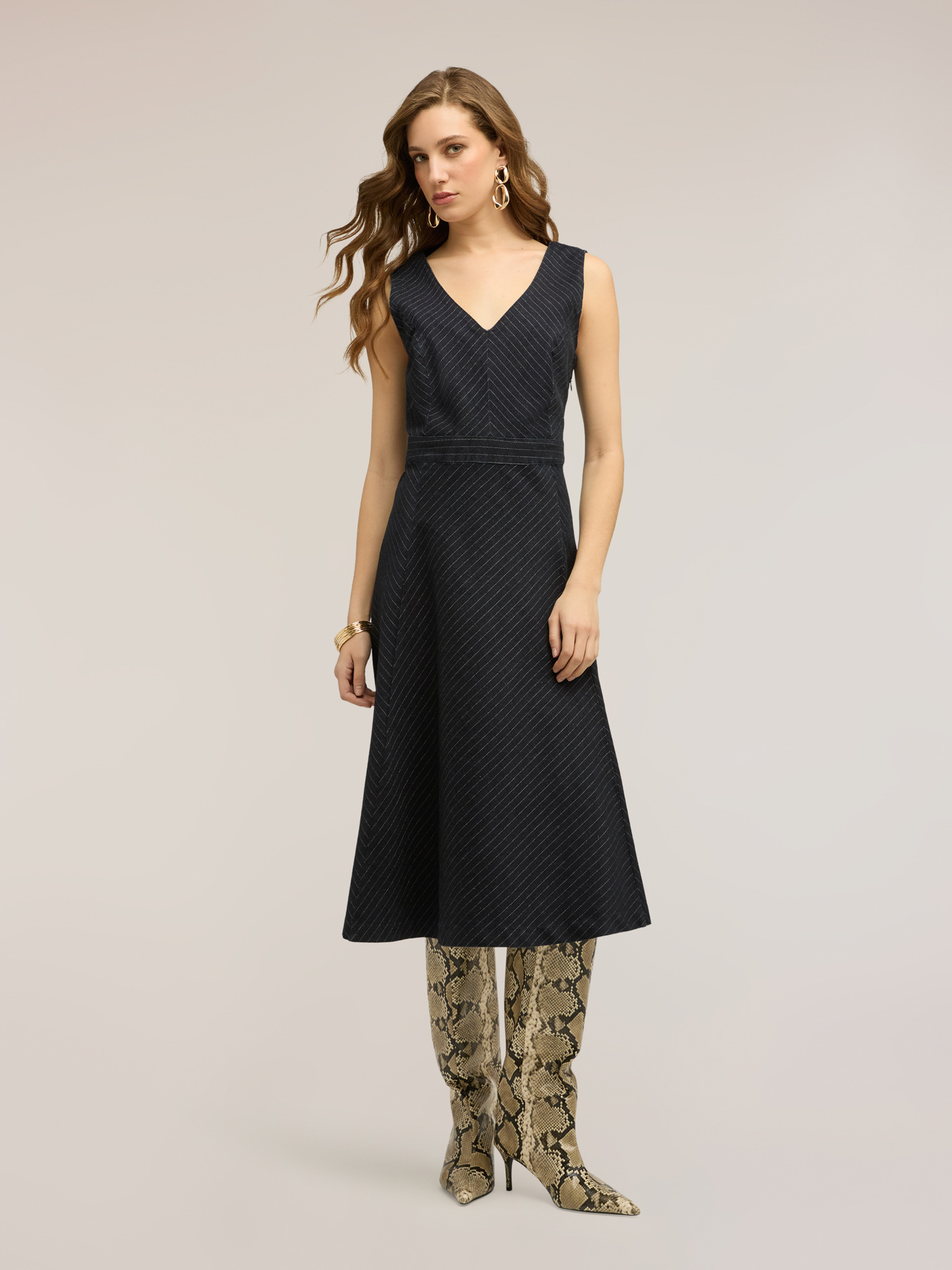 Vestito flare in denim gessato image number 3