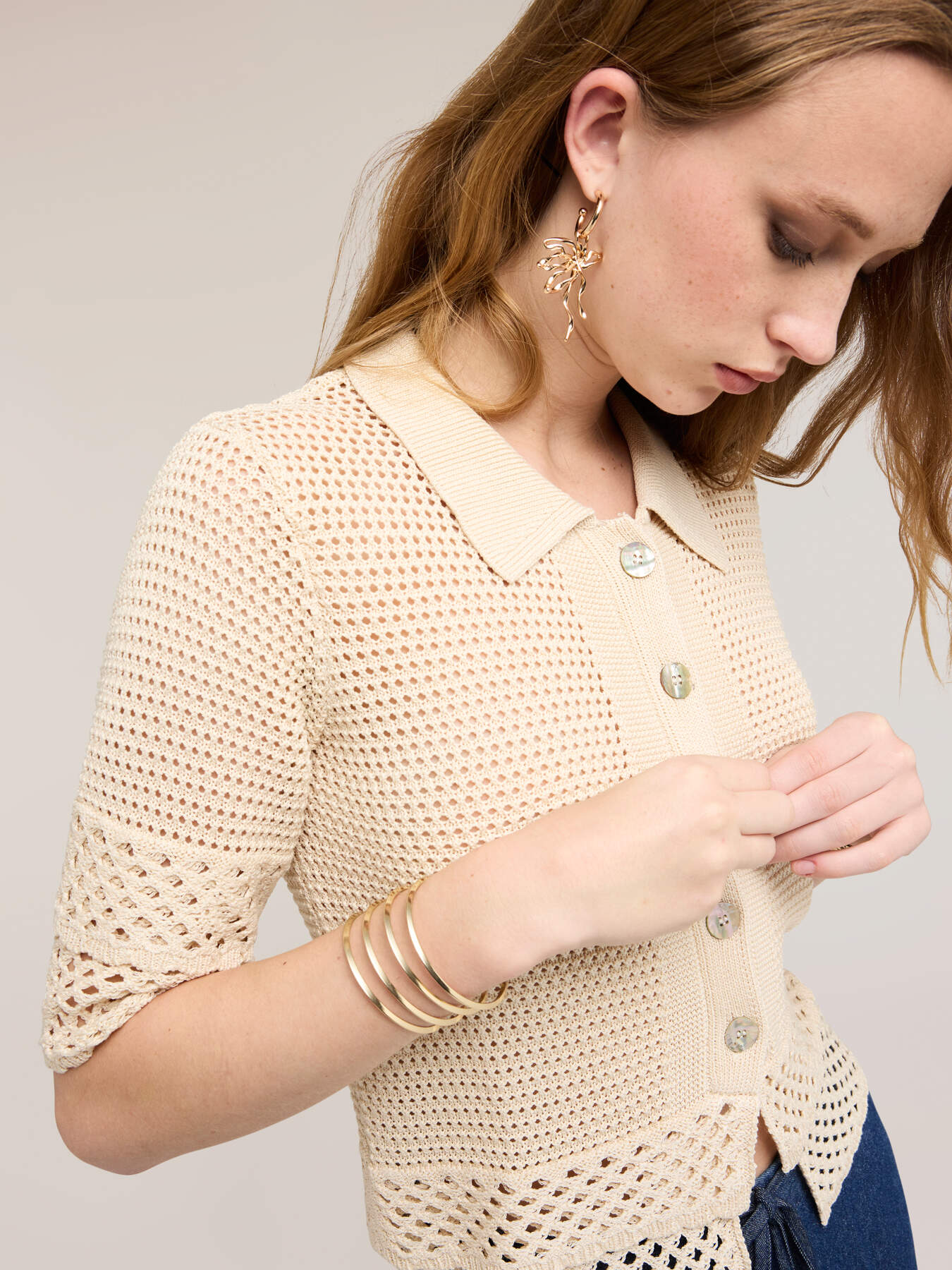 Cardigan traforato in maglia fine image number 3