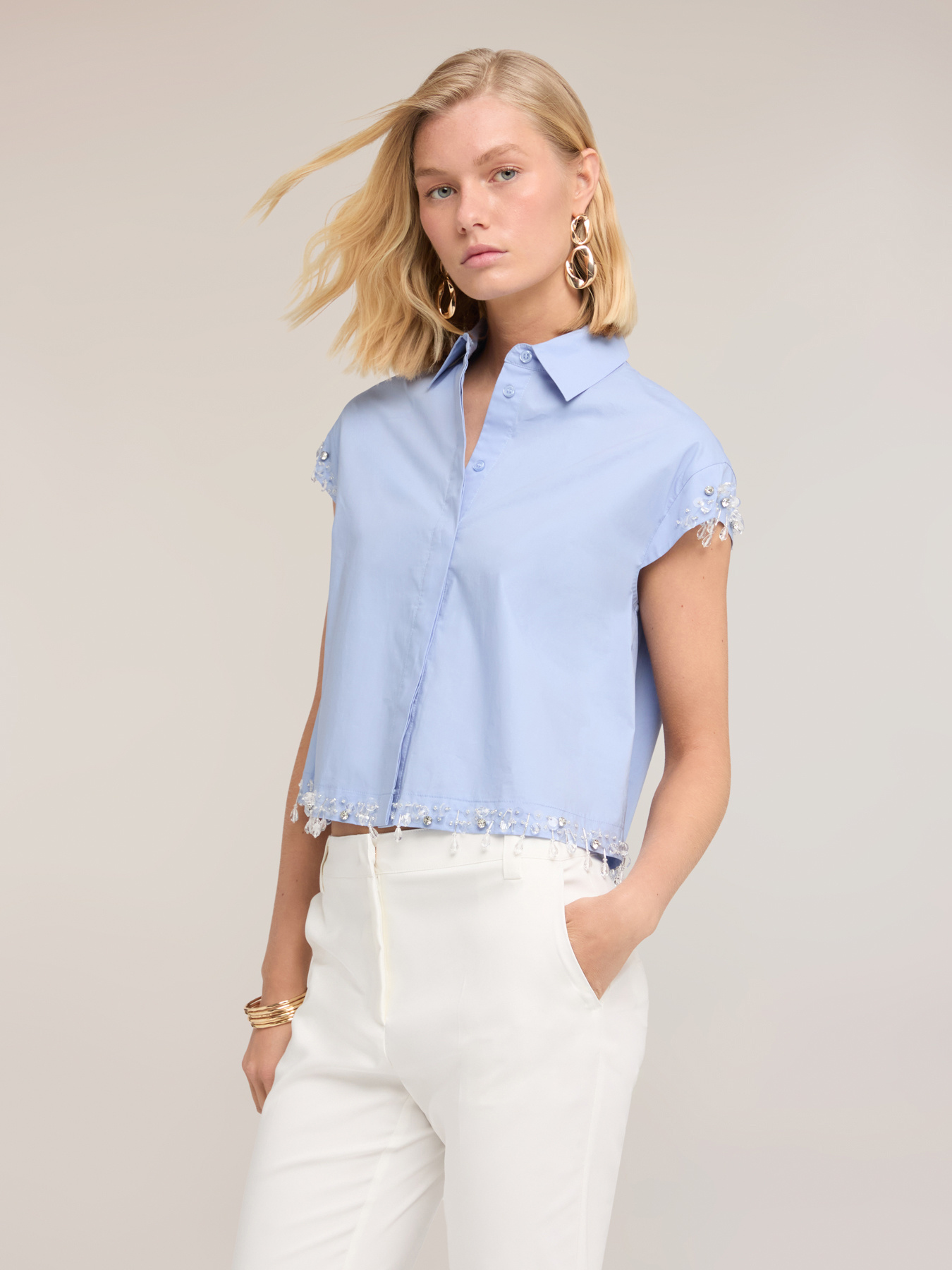 Camicia boxy in popeline con pietre image number 2
