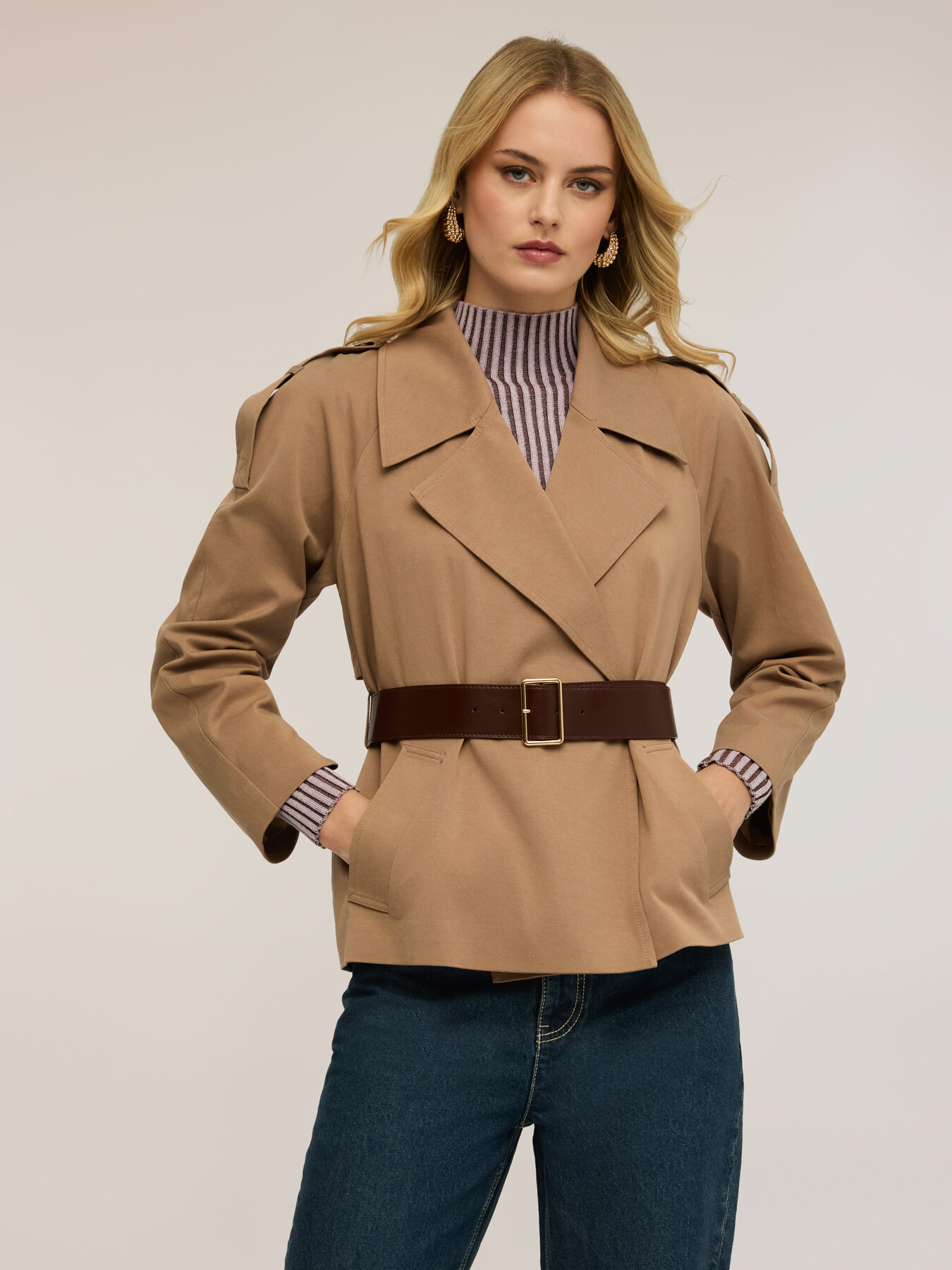Trench corto misto lyocell con cintura image number 0