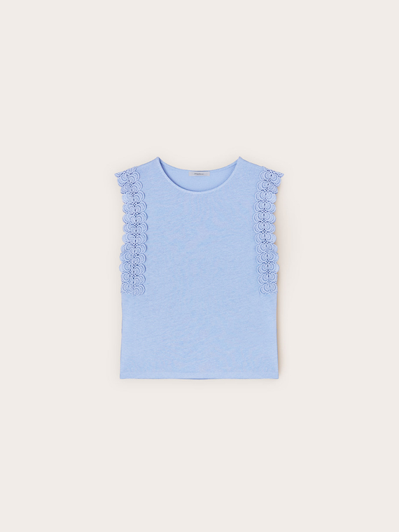 T-shirt in misto lino con inserti in pizzo