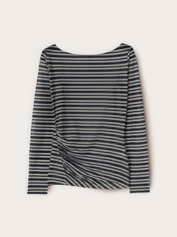T-shirt in tulle a righe con drappeggio