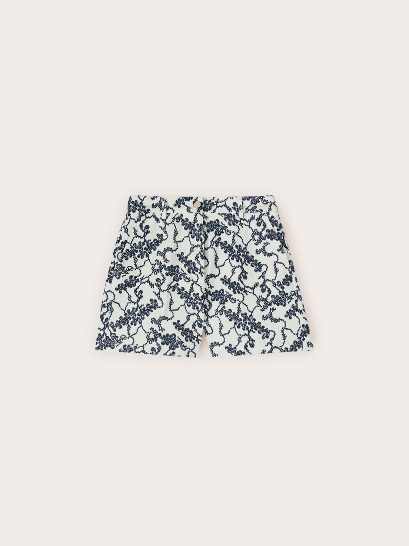 Shorts a vita alta in drill con ricamo floreale image number 4