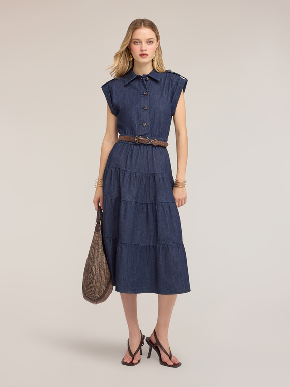 Vestito chemisier in denim con gonna a balze