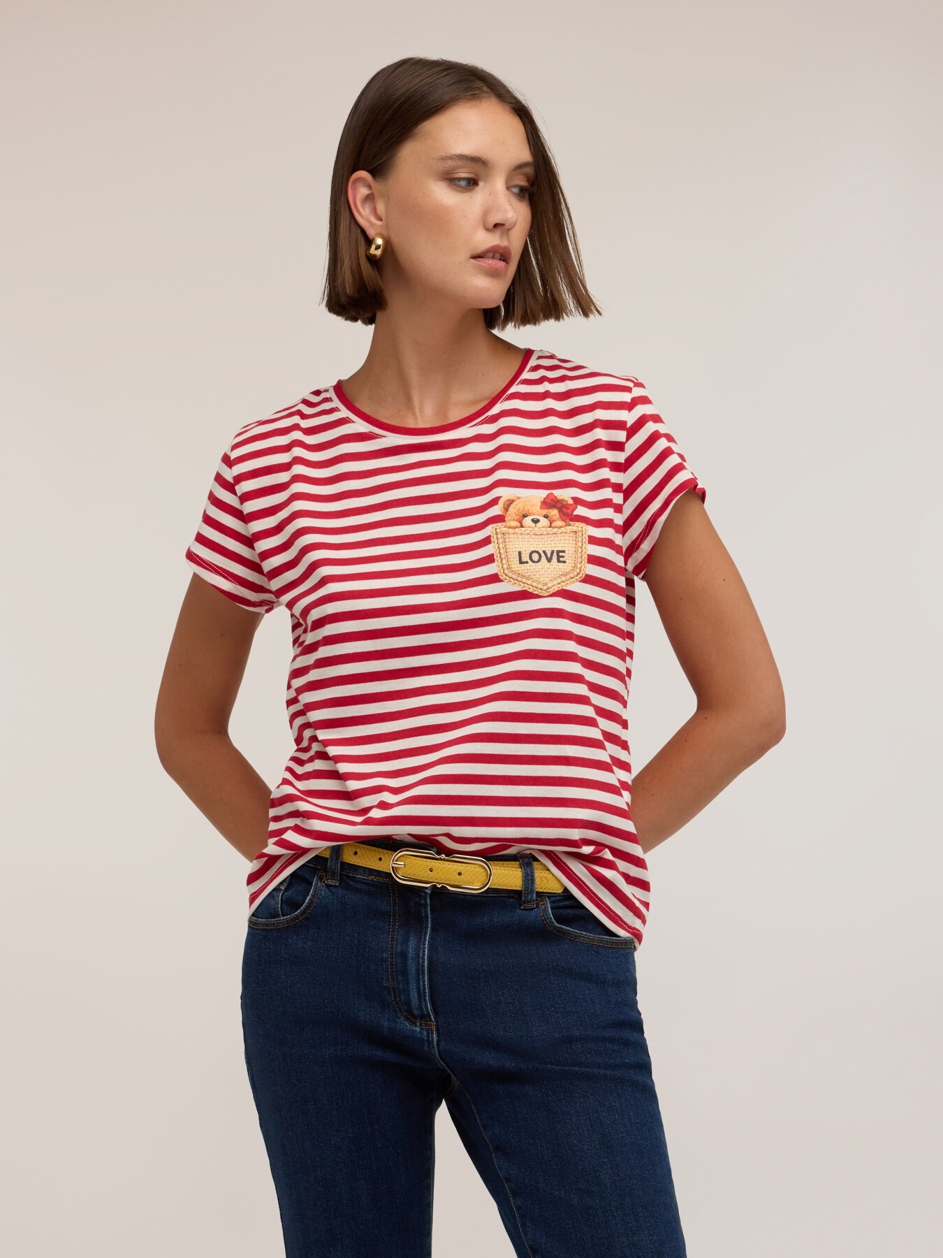 T-shirt a righe con applicazione orsetto image number 0