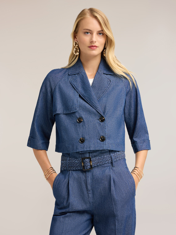 Trench doppiopetto corto in chambray