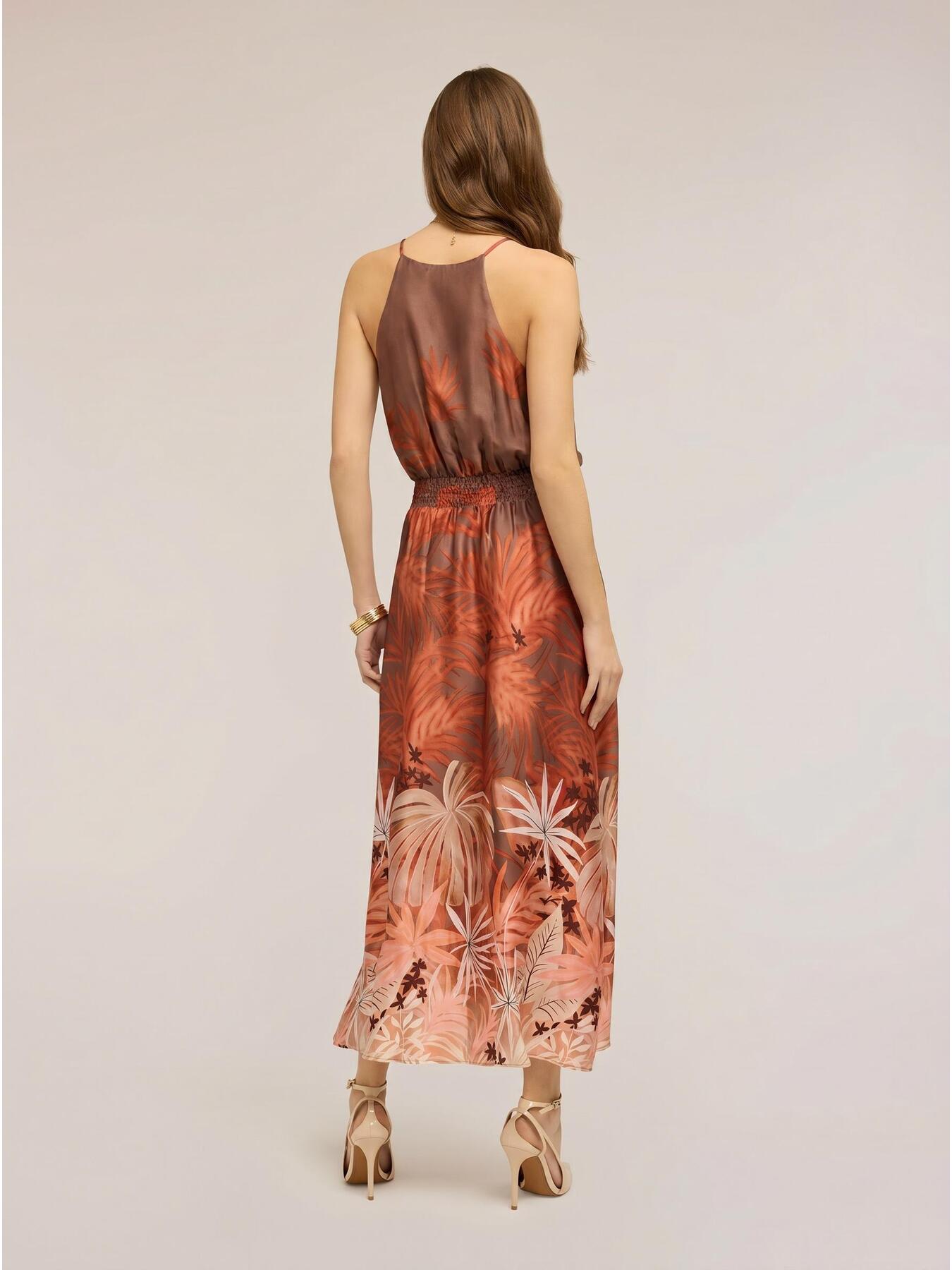 Vestito lungo in raso con stampa tropicale image number 1