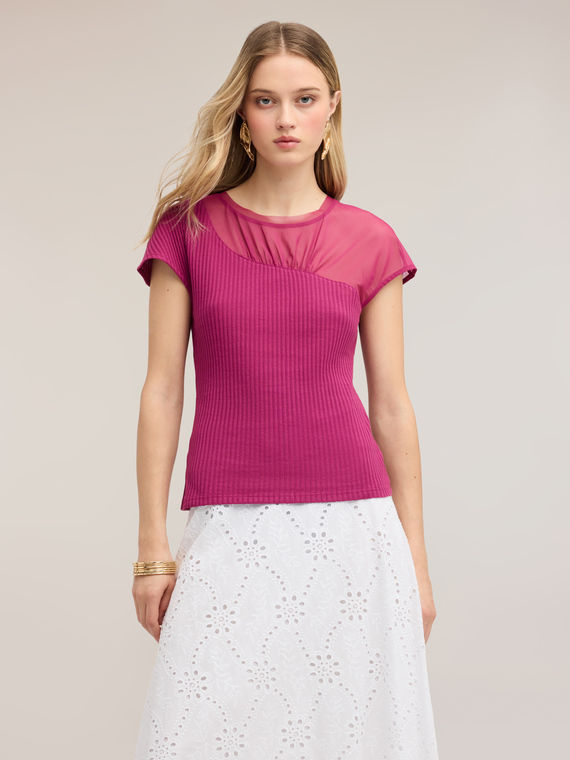 T-shirt bimaterica con inserto drappeggiato