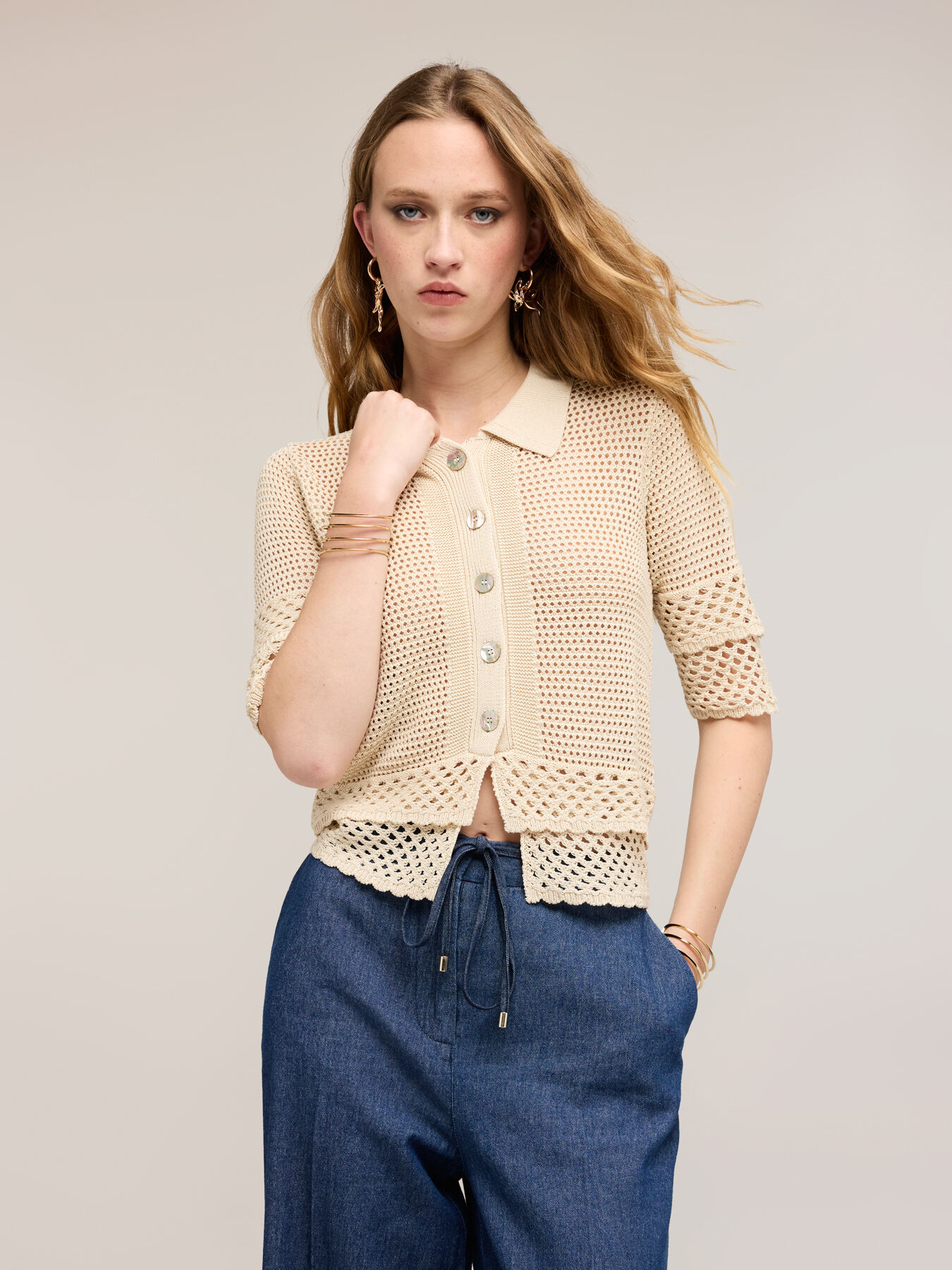 Cardigan traforato in maglia fine image number 2