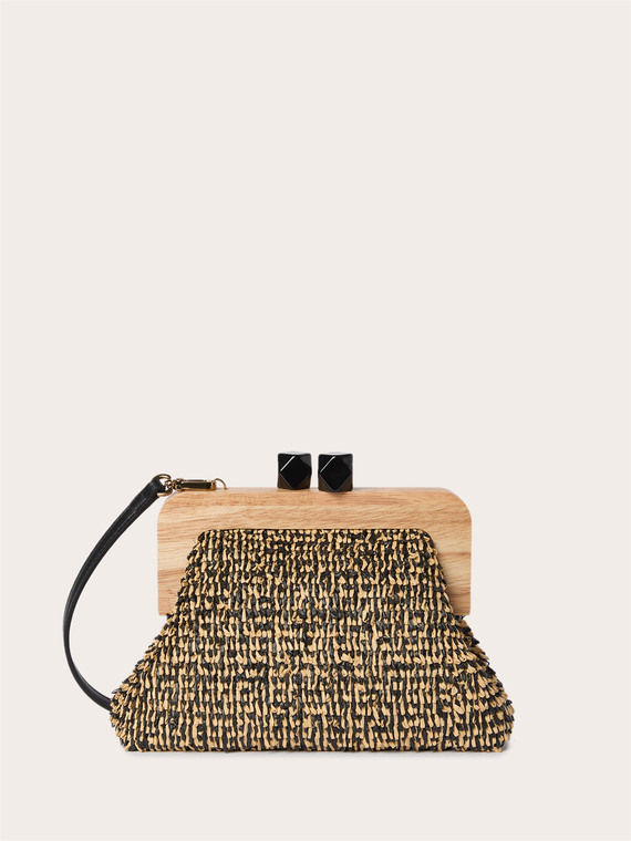 Clutch in rafia intrecciata con chiusura in legno