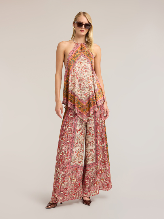 Pantaloni palazzo in raso con stampa