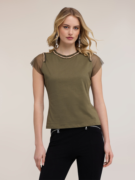 T-shirt con maniche in tulle e ricami gioiello
