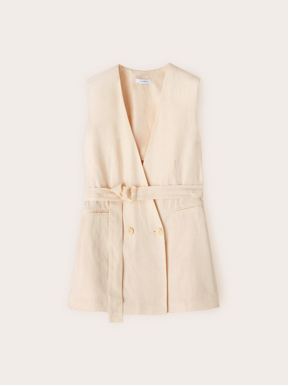 Gilet doppiopetto in misto lino con cintura