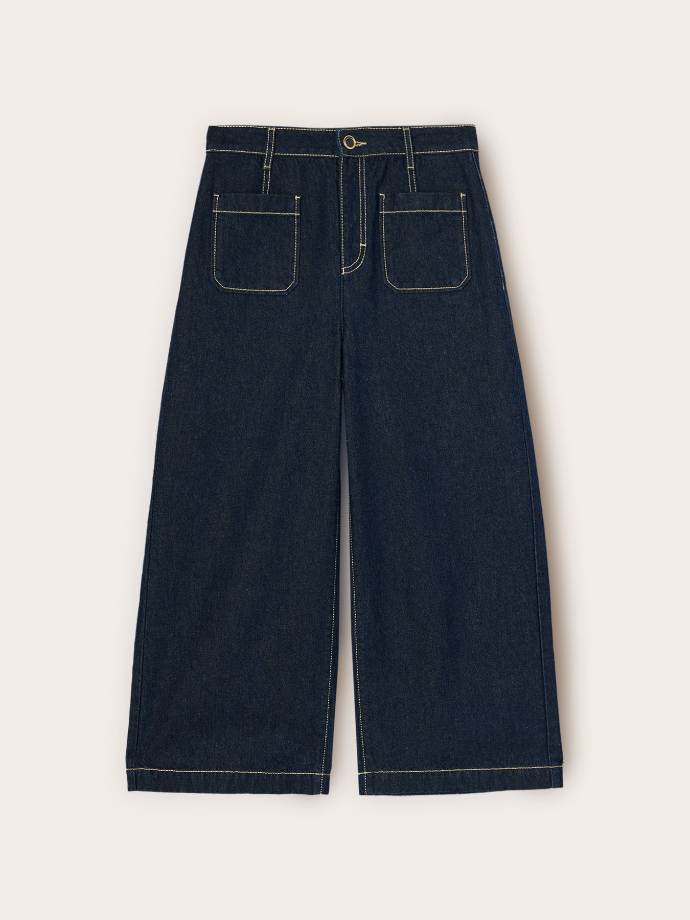 Jeans cropped wide leg con cuciture a contrasto image number 4