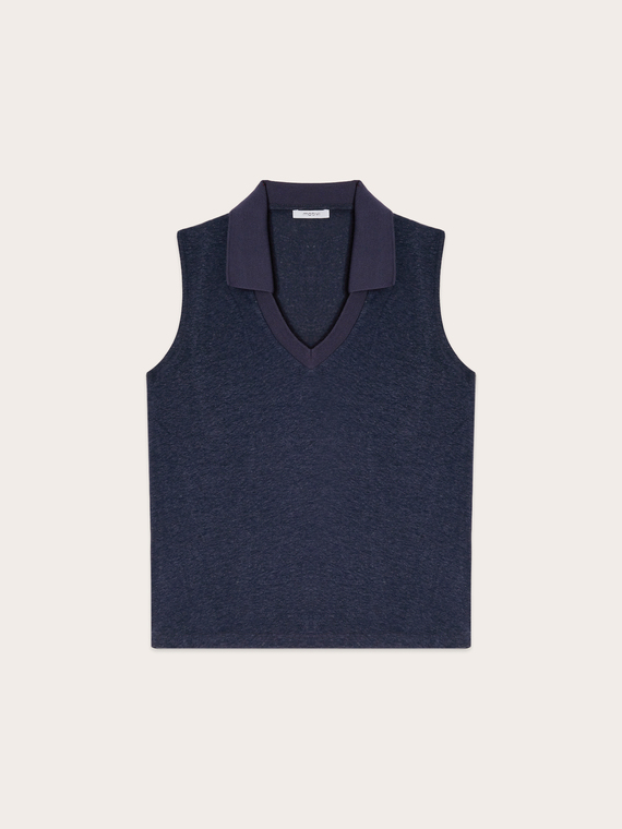 Top scollo a V in misto lino con colletto