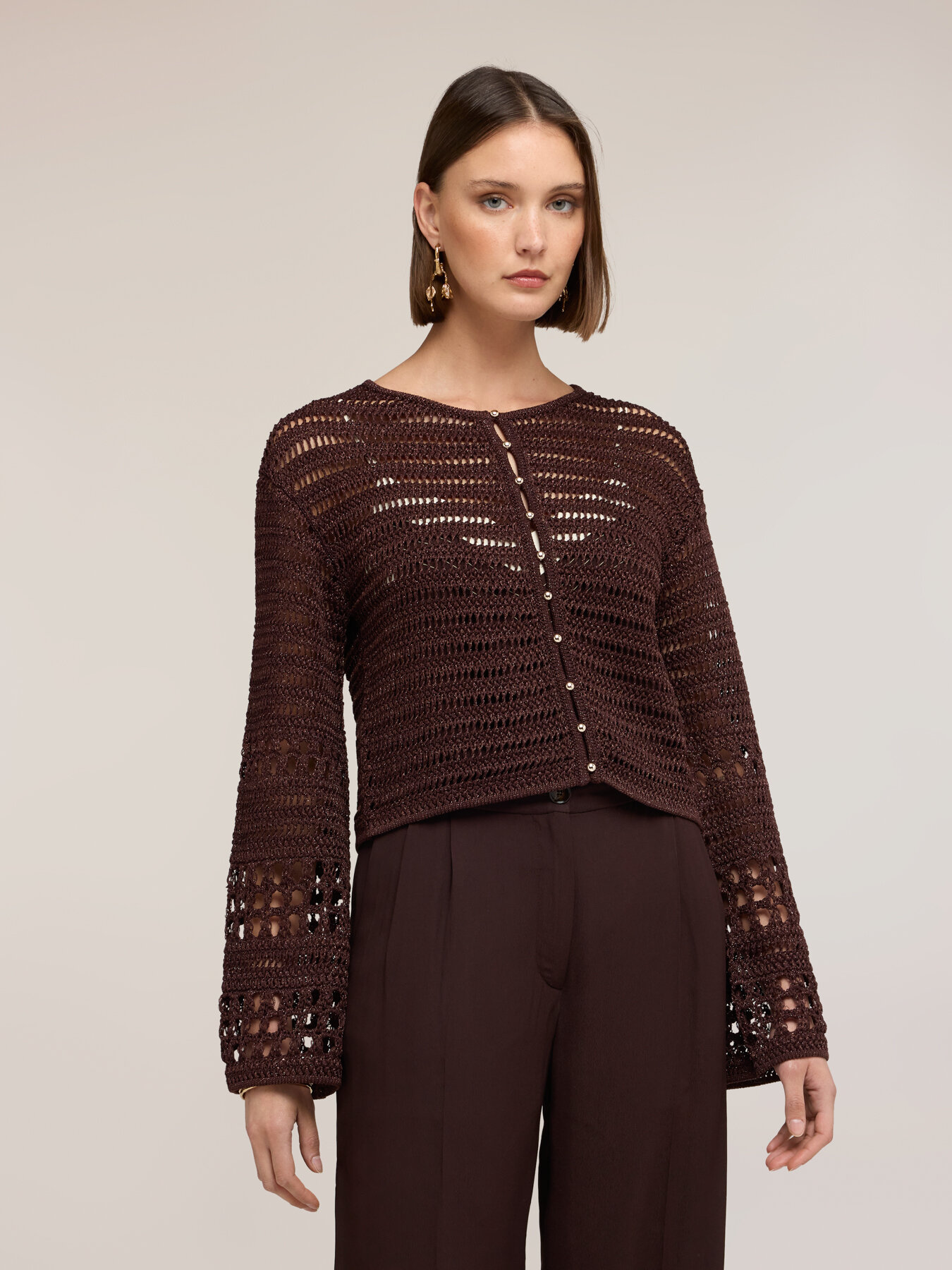 Cardigan in maglia traforata misto lurex image number 2