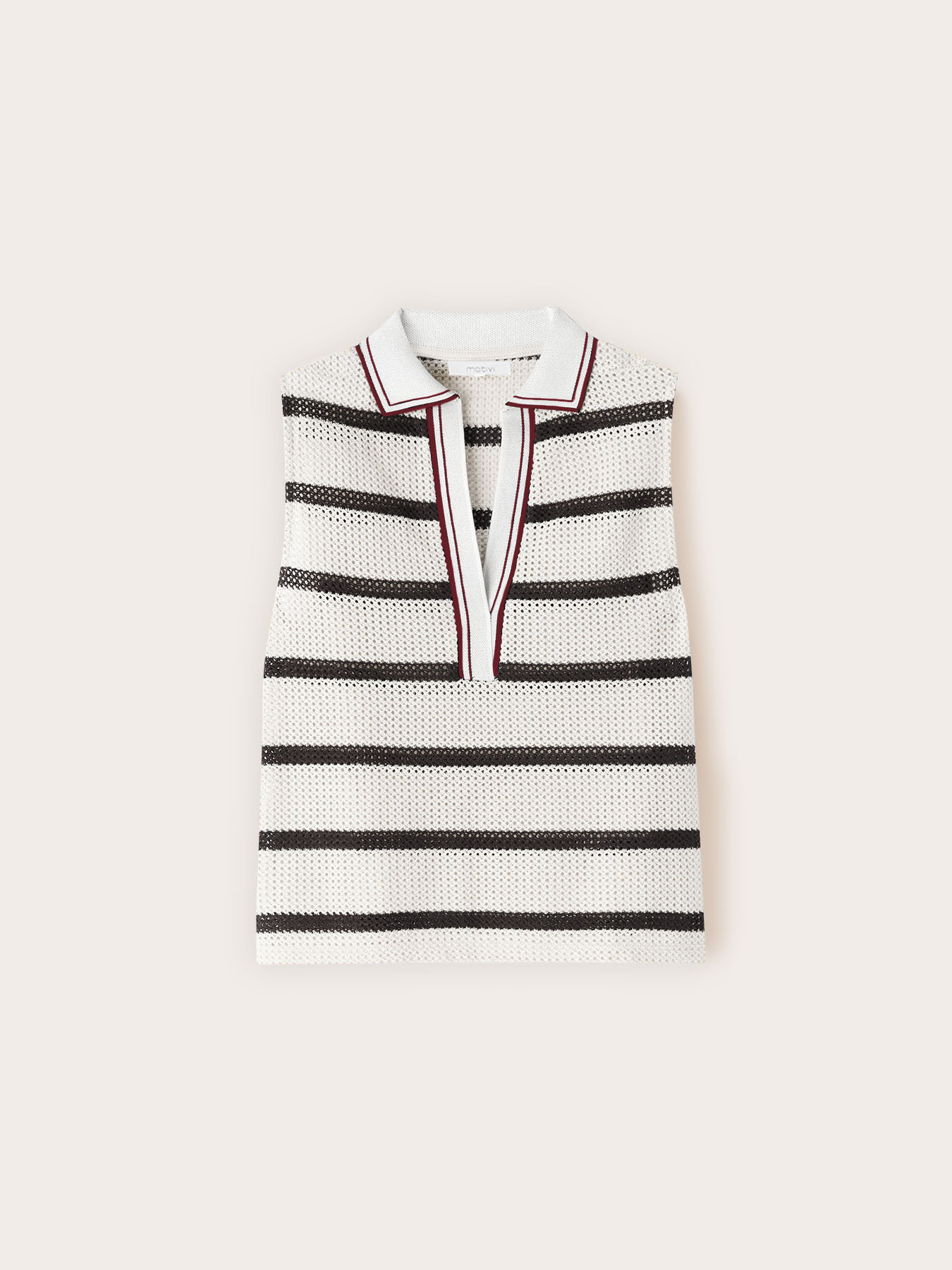 Top in maglia ajour&eacute; a righe con colletto polo image number 4
