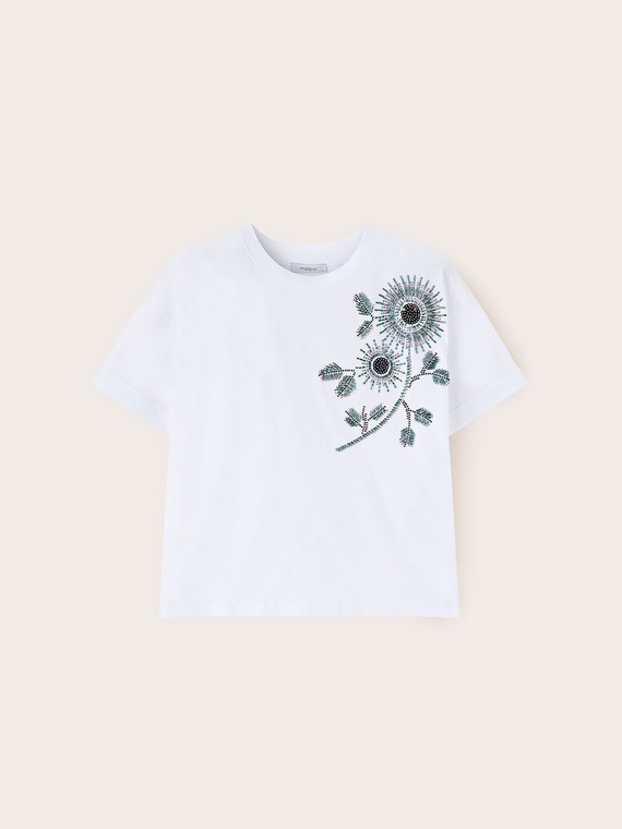 T-shirt in jersey con applicazioni floreali