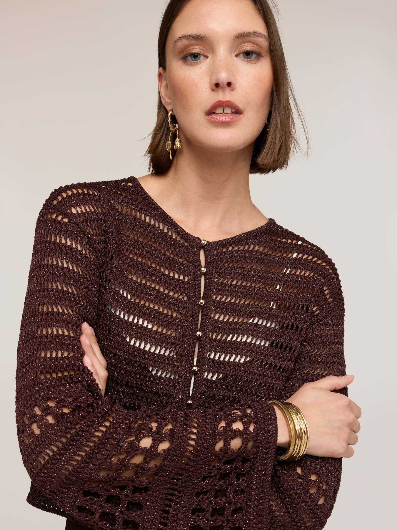 Cardigan in maglia traforata misto lurex image number 3