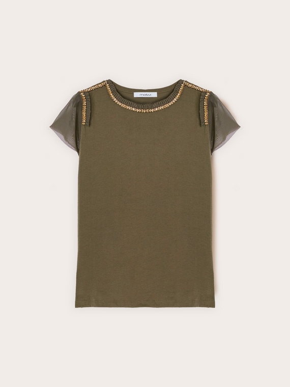 T-shirt con maniche in tulle e ricami gioiello