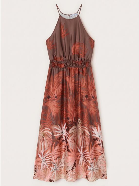 Vestito lungo in raso con stampa tropicale