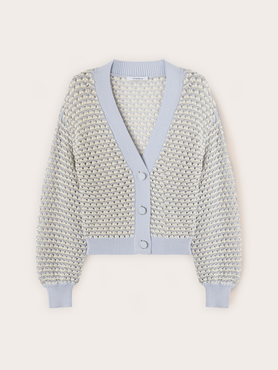 Cardigan corto in maglia lurex traforata