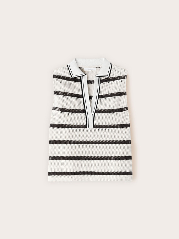 Top in maglia ajour&eacute; a righe con colletto polo