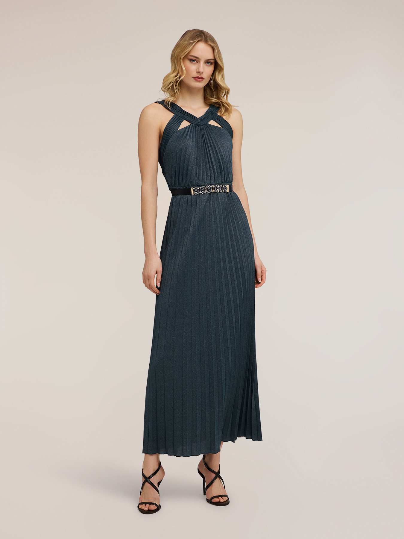 Vestito lungo in jersey lurex pliss&eacute; image number 0