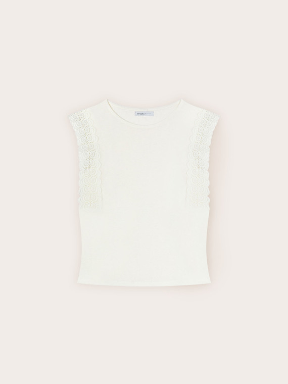 T-shirt in misto lino con inserti in pizzo