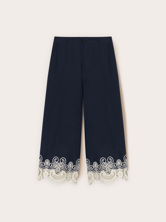Pantaloni cropped in popeline con pizzo