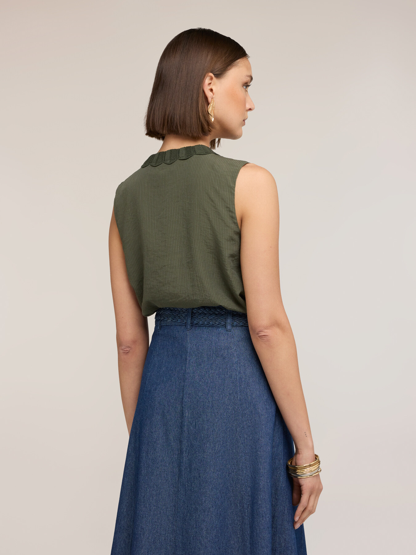 Top misto lyocell con bordi in maglia image number 2