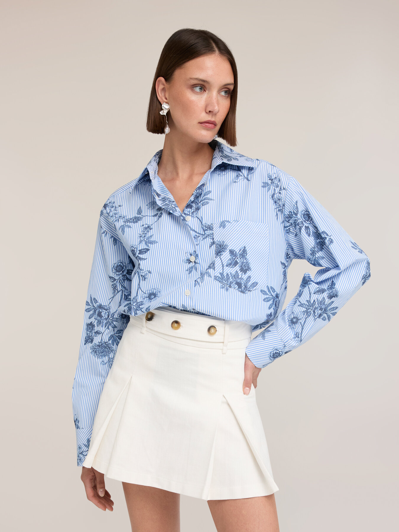 Camicia over a righe con stampa floreale image number 1